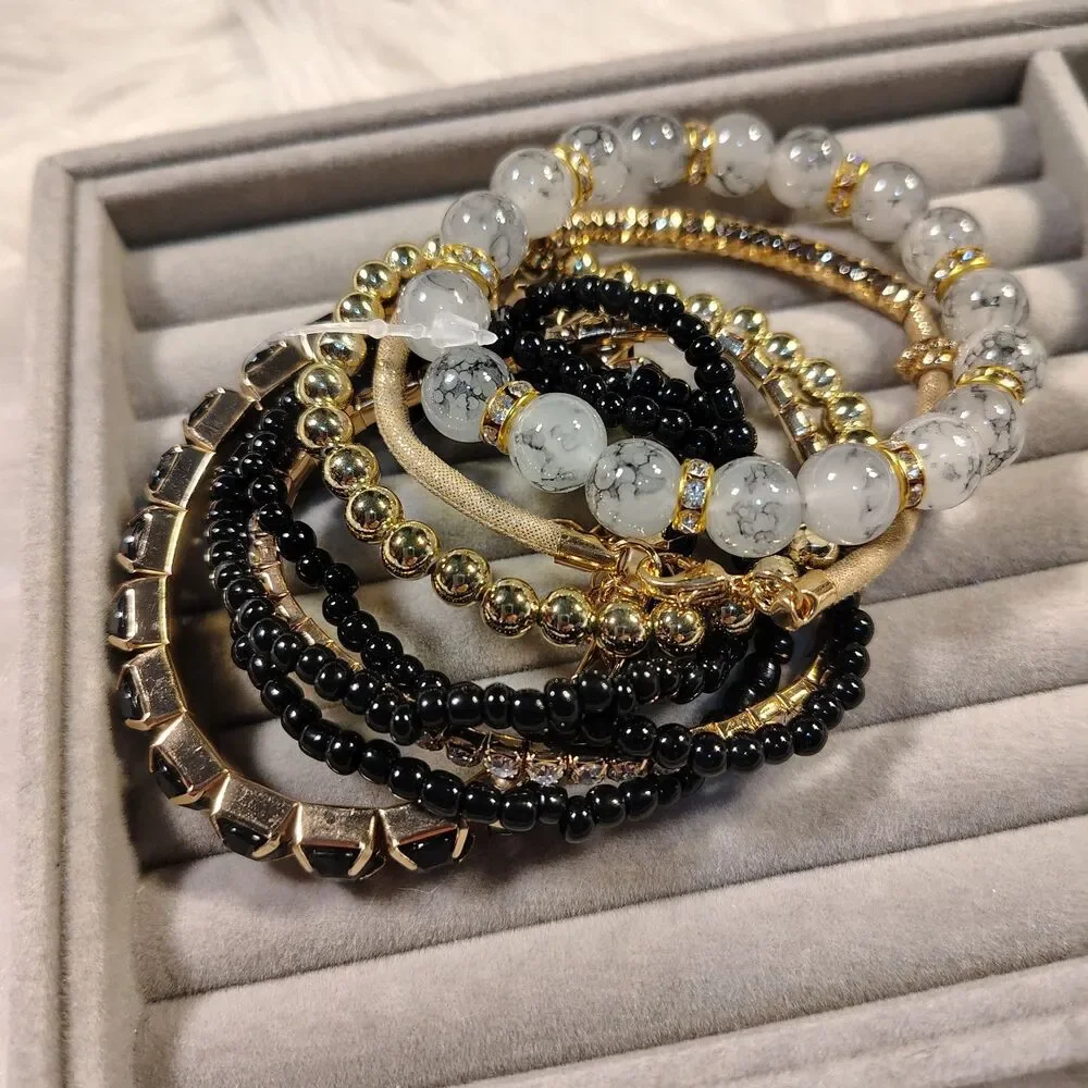 Bracelet Gold Blk Stretchy Bundle 8ct New/J113